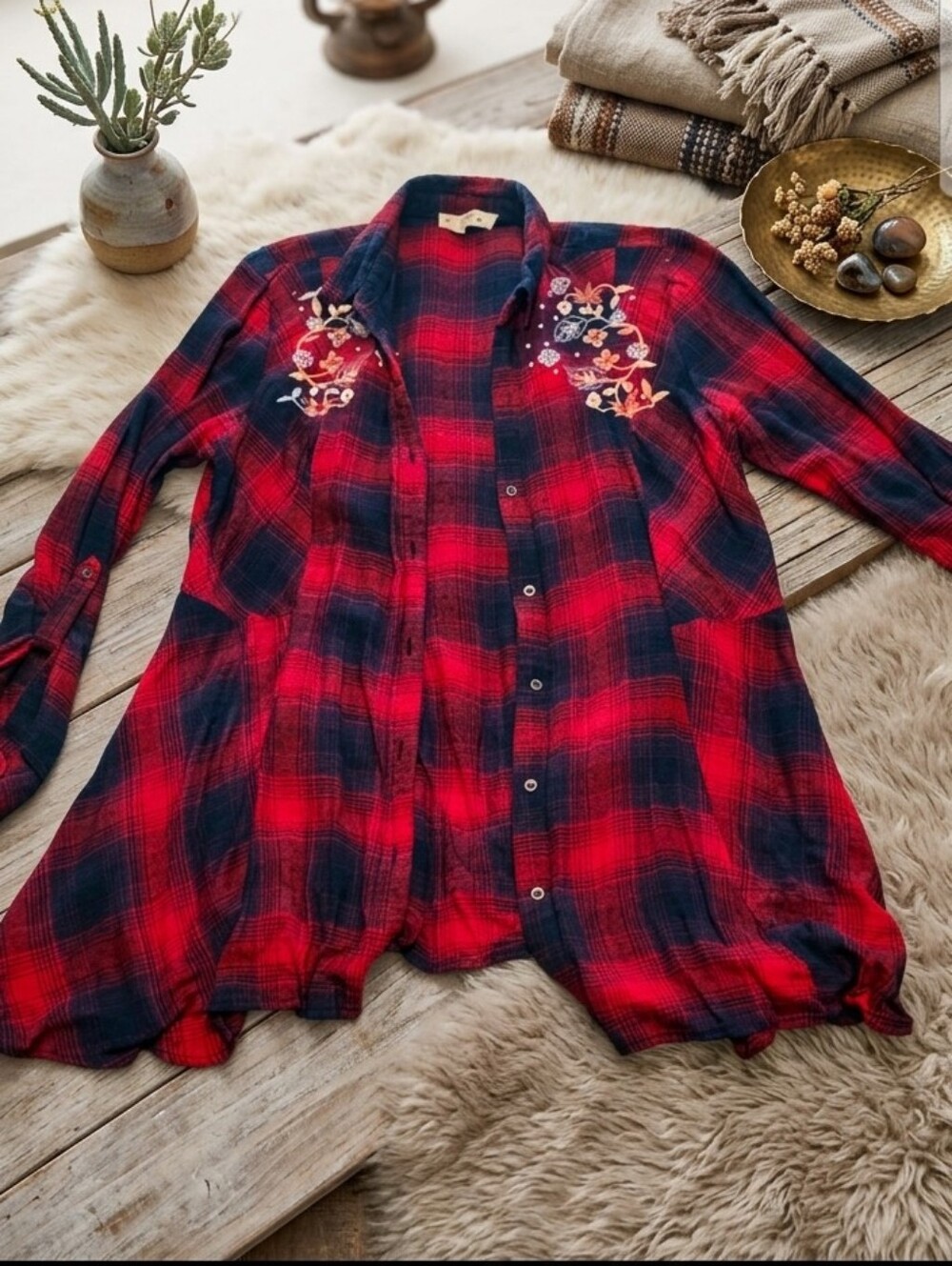 Vintage America Red & Black Plaid Button-Down Shirt with Floral Embroidery